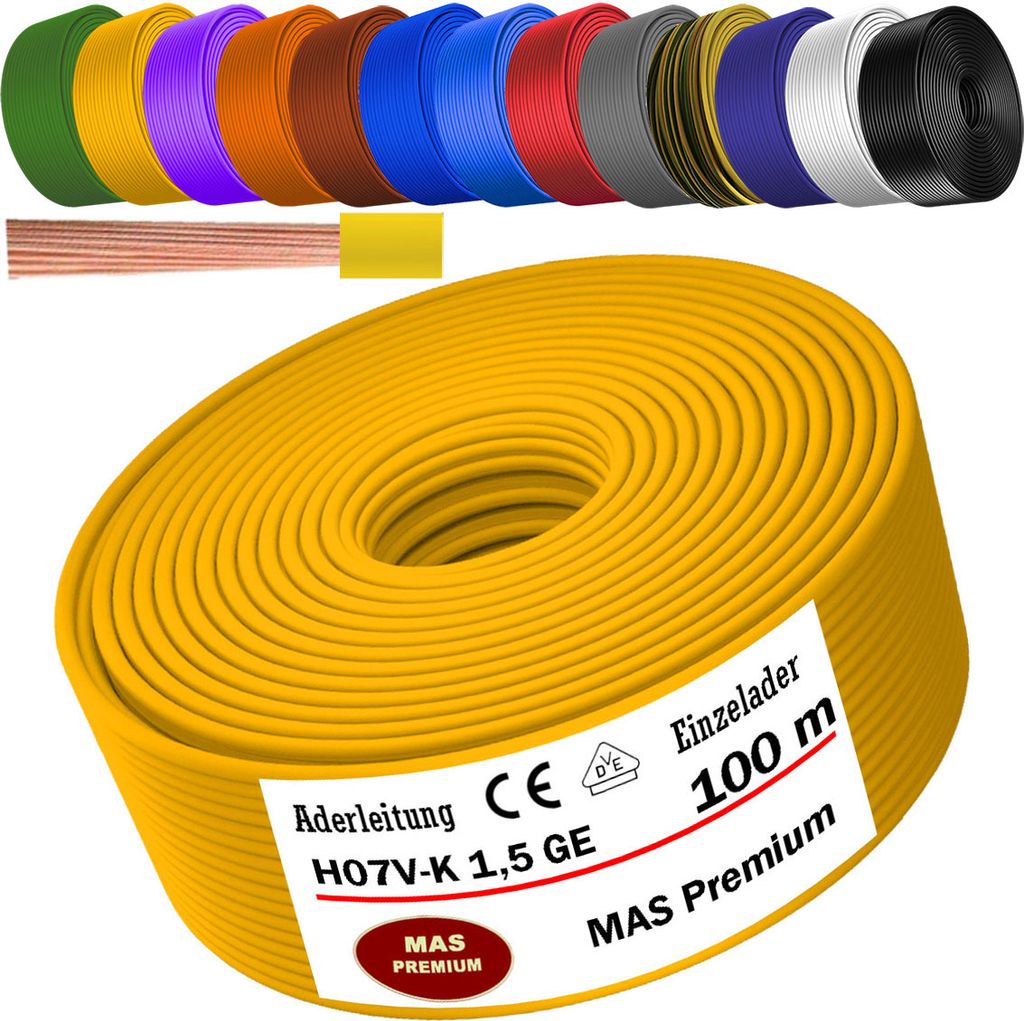 100m Aderleitung H07 V-K GE 1x1,5 mm² Gelb Einzelader Produktbild 