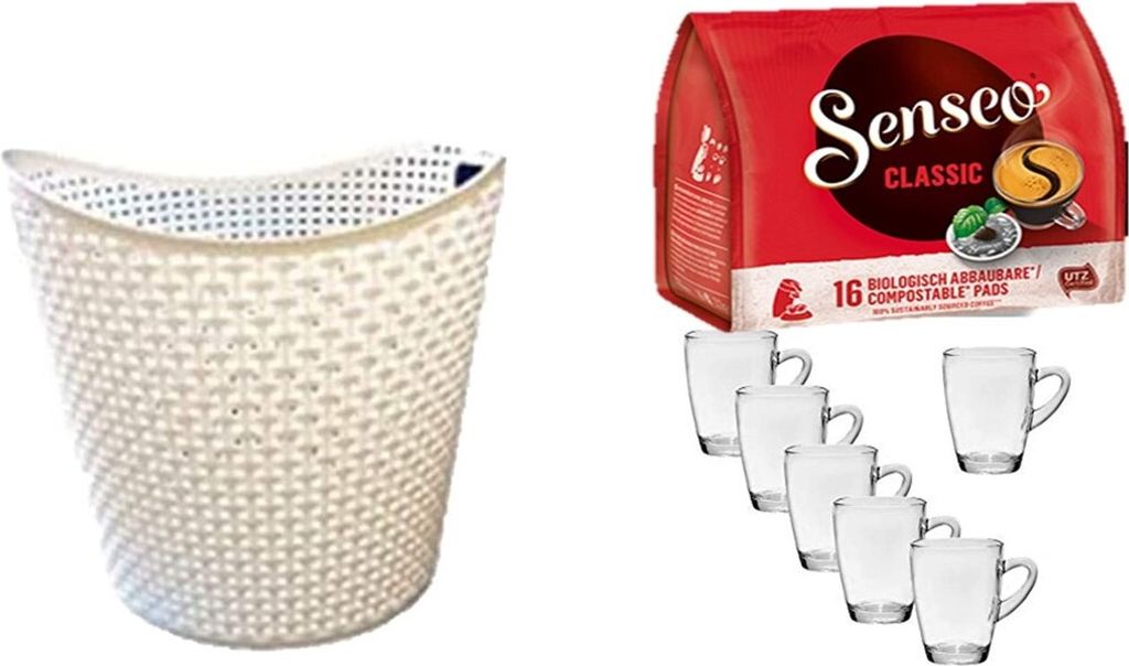 Senseo Kaffeepads Classic für geeignet Senseo und weitere Kaffeemaschinen Aktion+ 6 Kaffeebecher mit Henkel plus Wäschekorbaktion Rattan-Design 2...