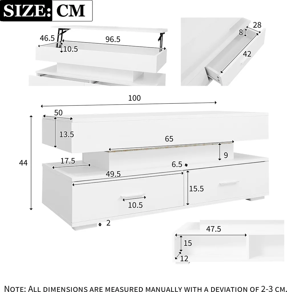 OKWISH Table Basse Relevable Blanc Laqué avec LED Bluetooth et 2 Tiroirs - 4