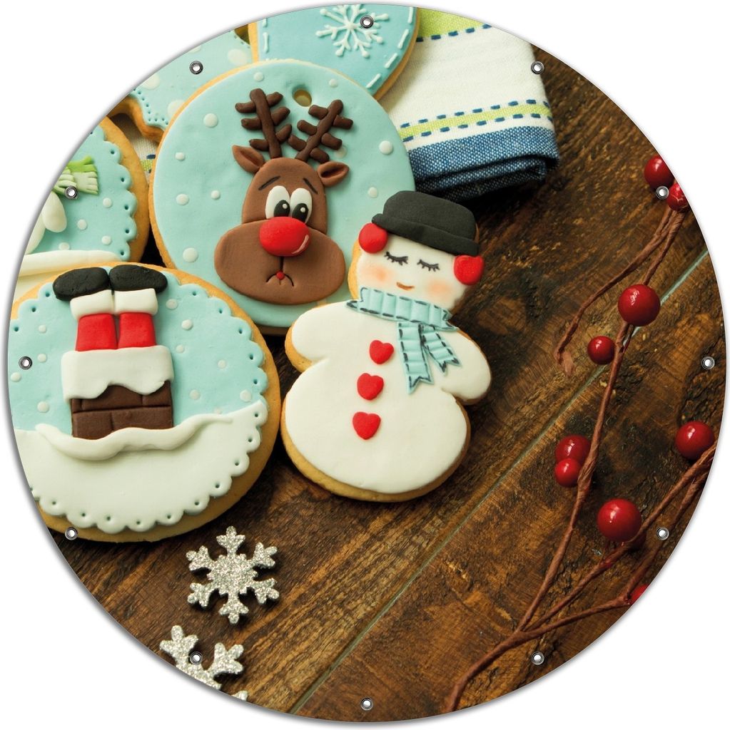 Wallario rundes Outdoor-Poster für Garten oder Balkon, Motiv Weihnachten in der Küche - Plätzchen auf einem Holztisch, 120 cm Durchmesser