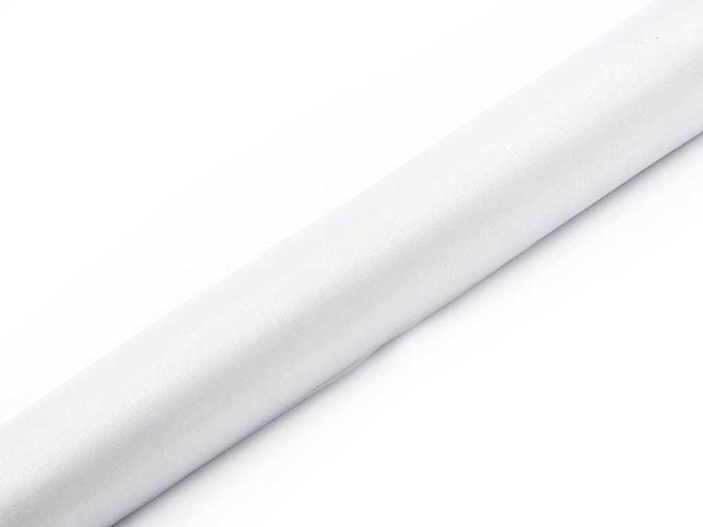 A roll of white organza fabric is shown against a white background.