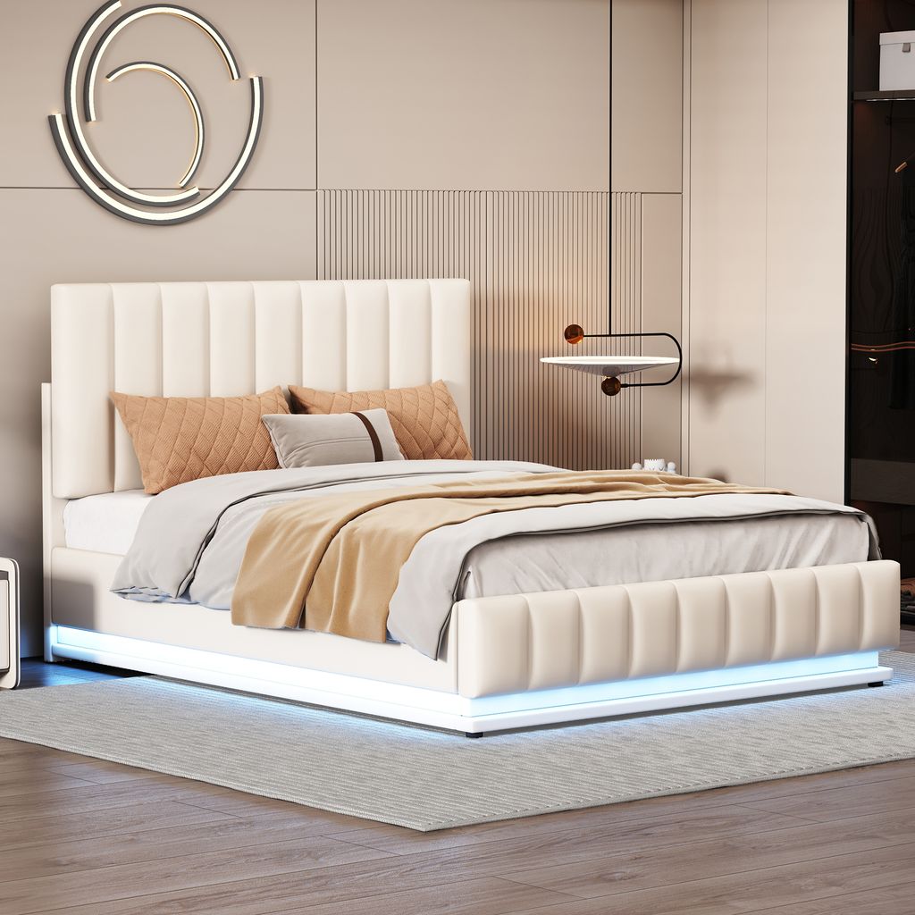 okwish Polsterbett mit Matratze 140x200 Jugendbett mit LED,Doppelbett Metalllattenrost und Bettkasten,mit Bettkasten und höheverstellbarem Polster...