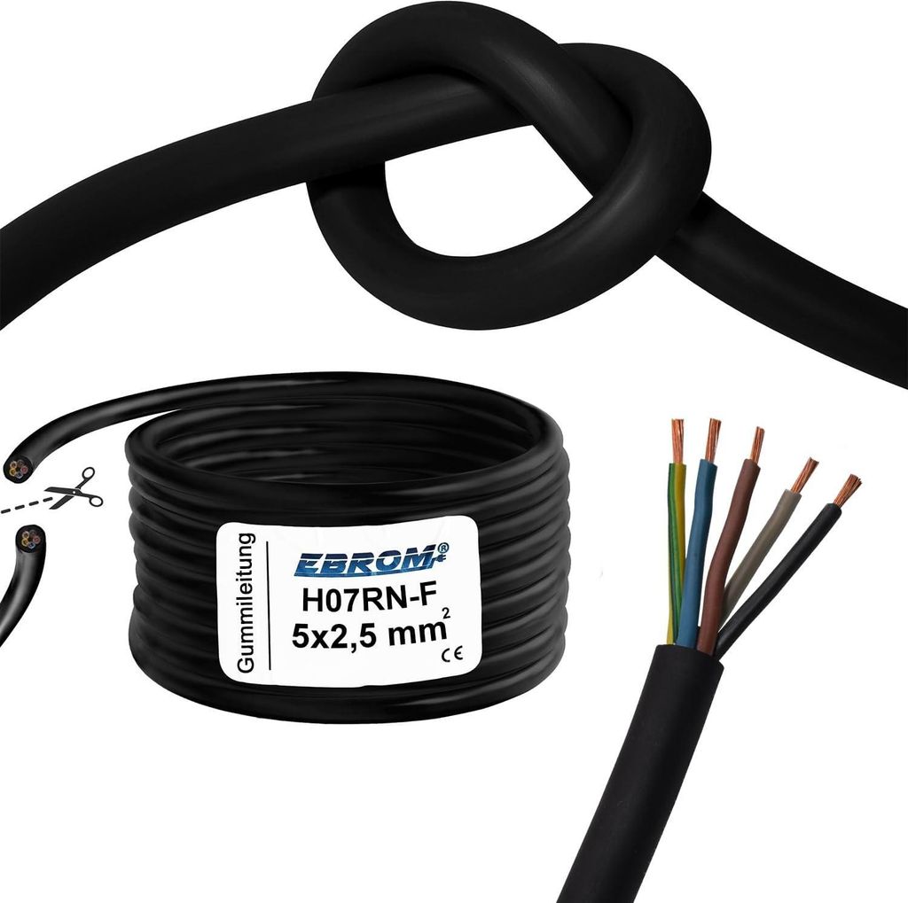 25 Meter flexible H07RN-F 5x2,5 mm² Gummileitung, Anschlussleitung, Gummikabel, Baustellenkabel, schwarz, UV- ölbeständig, u.a. für Wandladesta...