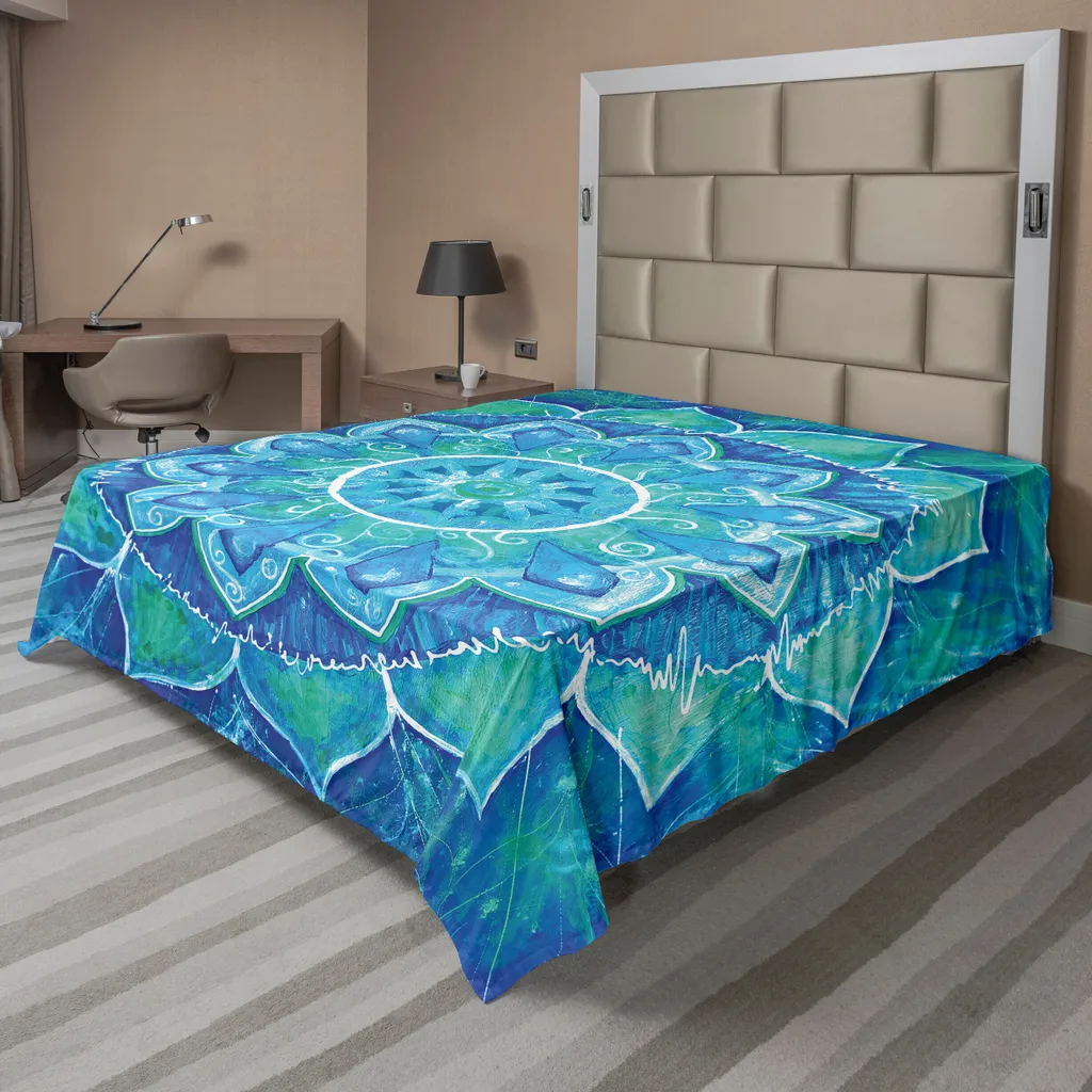 Drap de lit ABAKUHAUS Mandala bleu et blanc 266x260 cm en tissu doux