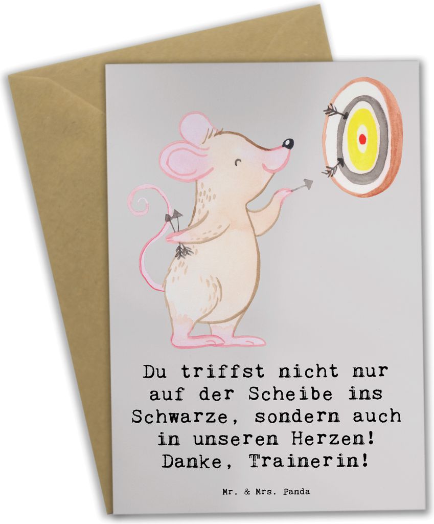 Mr. & Mrs. Panda Grußkarte Darts Trainerin - Grau Pastell - Produktbild 