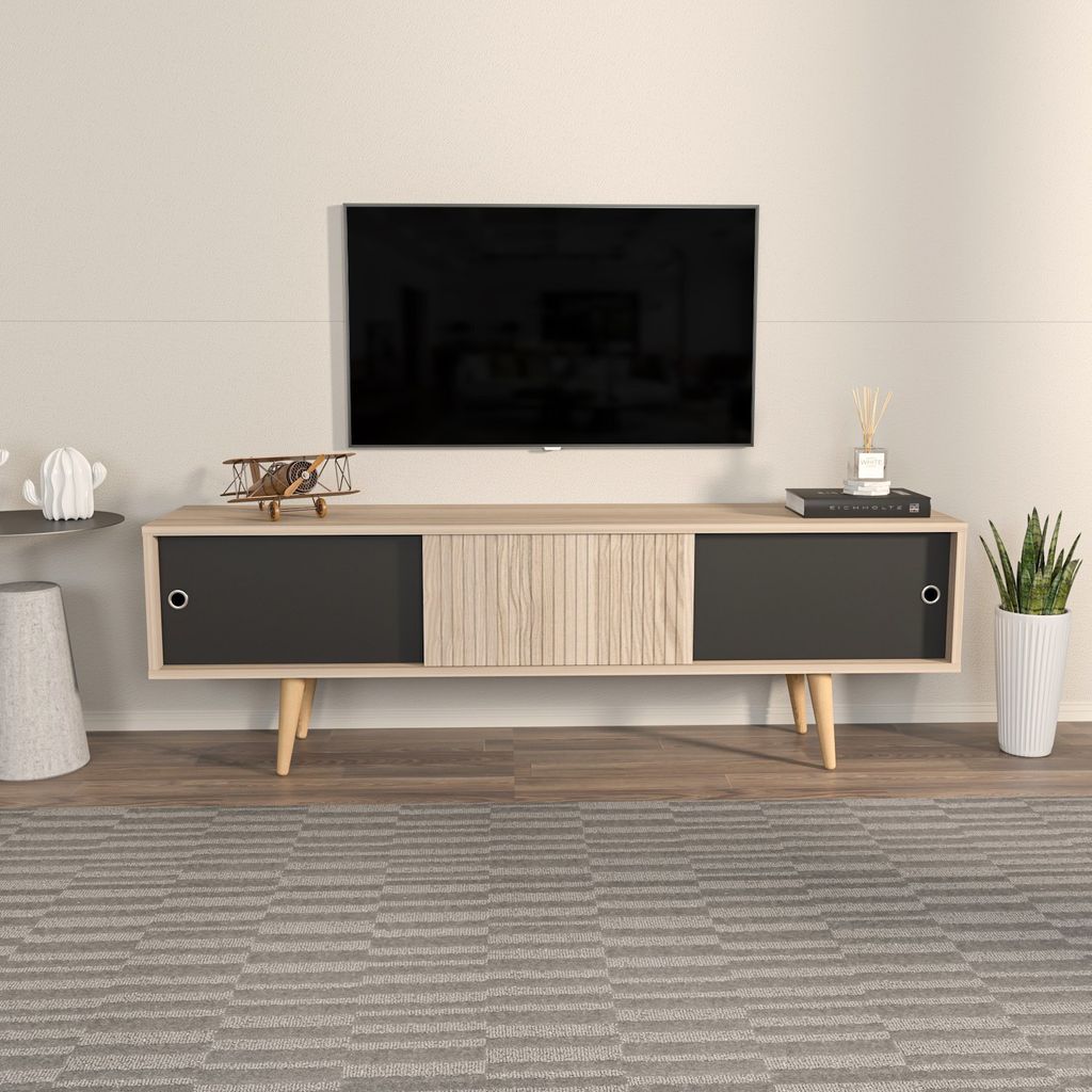 Skye Decor, Ecrin - Oak, Black, Fernsehtisch, Eiche, 100 % MELAMINBESCHICHTETE SPANPLATTEN, 160 x 34,5 x 45 cm