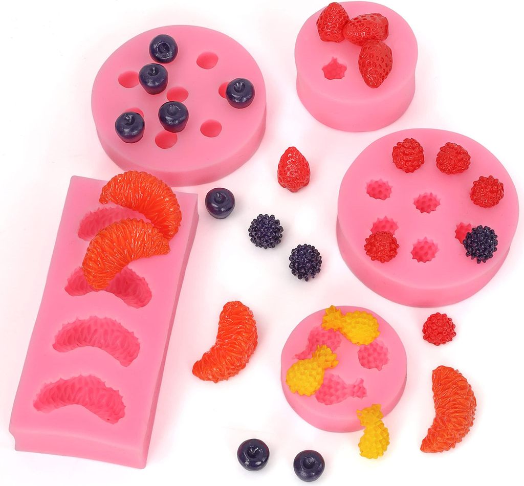 Kurtzy Frucht-Gießform Silikon Set (5 Stk) - 3D Ananas, Orange, Erdbeere, Heidelbeere & Maulbeere Kunstharz Formen - Silikonformen Epoxidharz, Gelee,