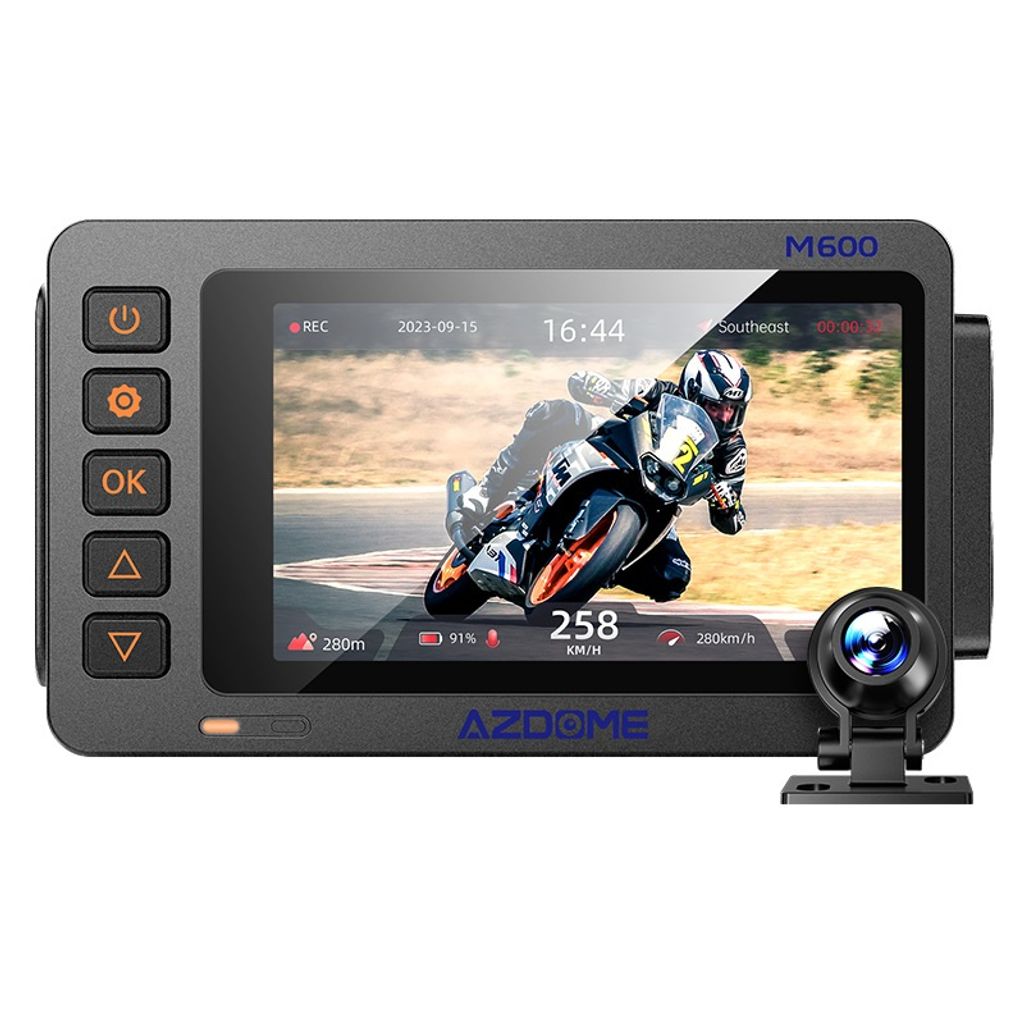 A dashcam with a screen displaying a motorcycle race.