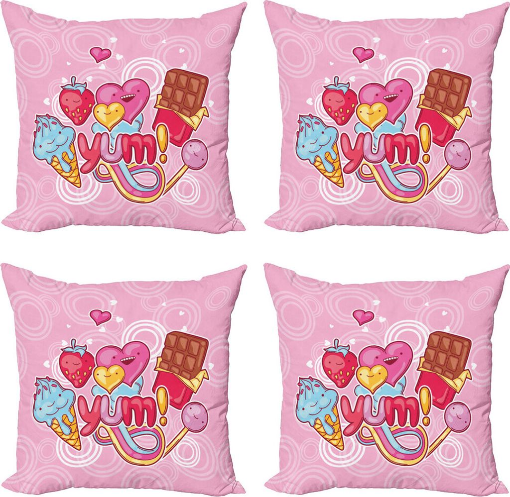 ABAKUHAUS Yum Kissenbezug Set (4 Stück), Herz-Eiscreme Erdbeere, Moderner Doppelseitiger Digitaldruck, 45 cm x 45 cm, Blassrosa und Multicolor