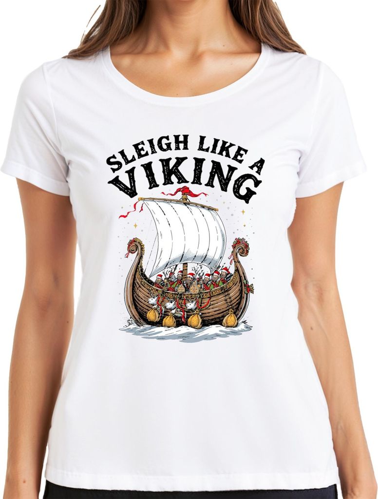 Sleigh Like A Viking Wikinger Schiff Weihnachten lustig Retro Damen T-Shirt, Weiß, S