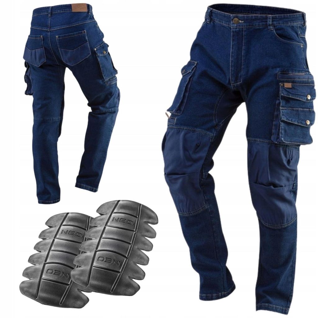 NEO TOOLS Arbeitskleidung Set Herren Größe XS-3XL – Denim Arbeitshose mit Kniepolstertaschen und Schaumstoff-Kniepolstern