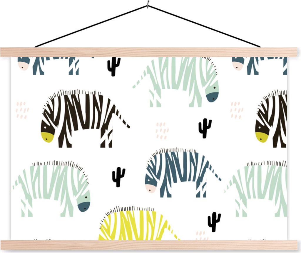 MuchoWow Textilposter Zebra - Farben - Kaktus - Weiß 60x40 cm mit holzfarbenen Rahmen - Bilder