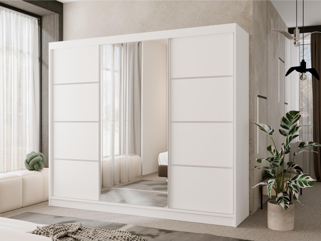 250 cm Schwebetürenschrank mit Spiegel und Sprossen Mabel, weißer Kleiderschrank mit Spiegel, Kleiderschrank mit dekorativen Fronten fürs Schlaf...