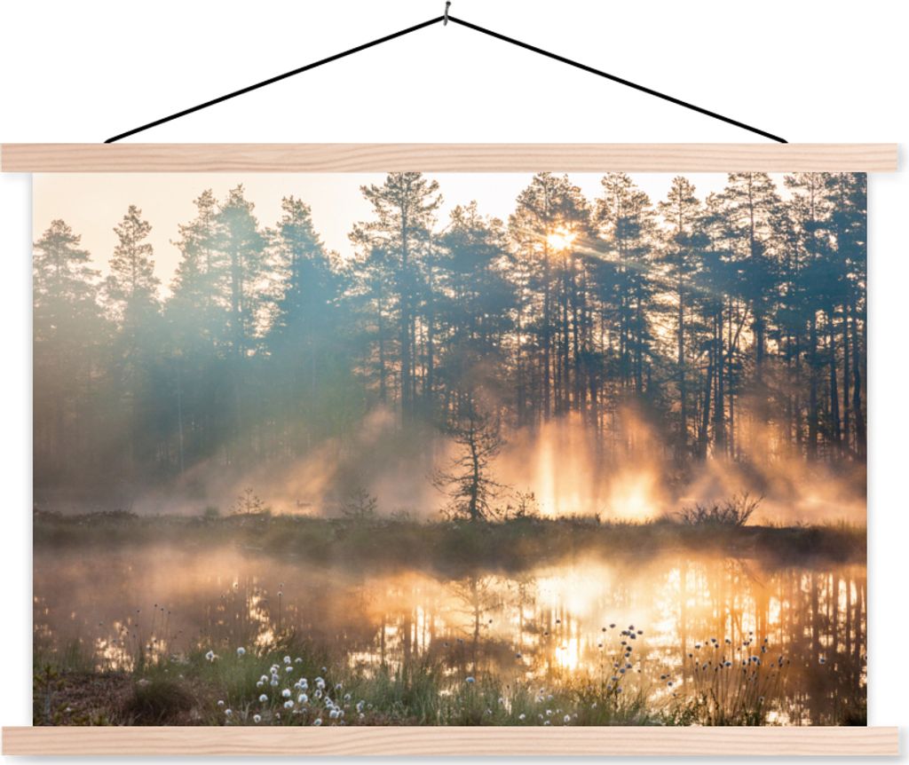 MuchoWow Textilposter See - Sonne - Baum 120x80 cm mit holzfarbenen Rahmen - Aufhängeset