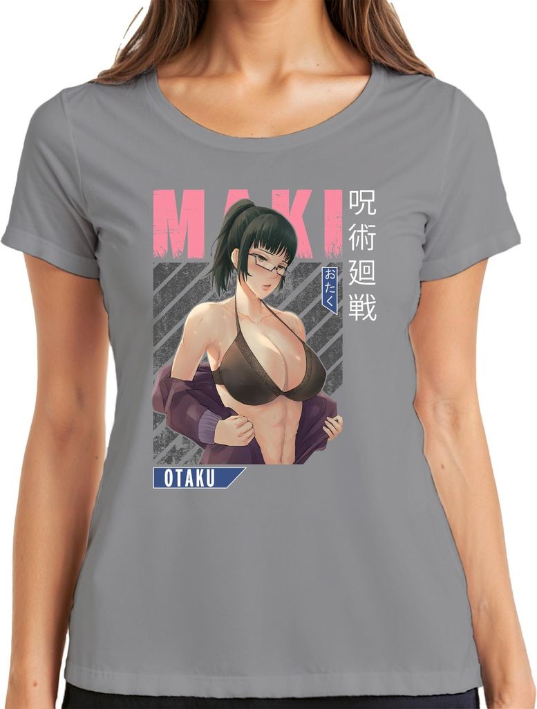 MAKI Otaku Anime Ästhetik Bikini Brille y Fan Geschenk Retro Damen T-Shirt, Grau, L
