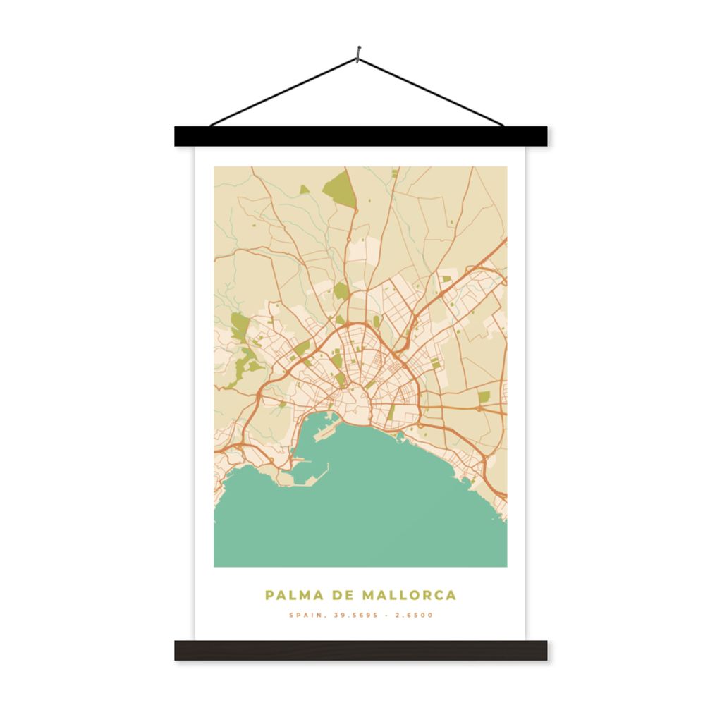 MuchoWow Textilposter Karte - Mallorca - Stadtplan - Vintage 60x90 cm mit schwarzem Rahmen - Poster Wohnzimmer