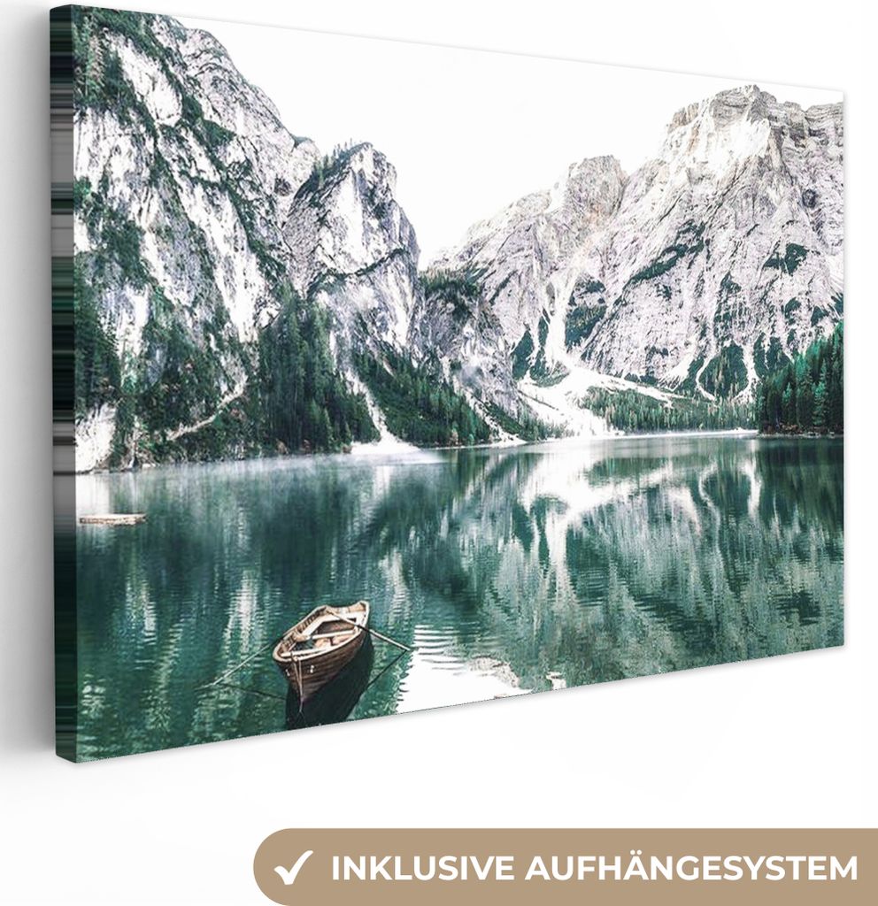 MuchoWow - Leinwandbilder - Berge - Schnee - Winter - Boote - See - Natur, Wandbild, Wanddeko Bilder Wohnzimmer, 120x80 cm