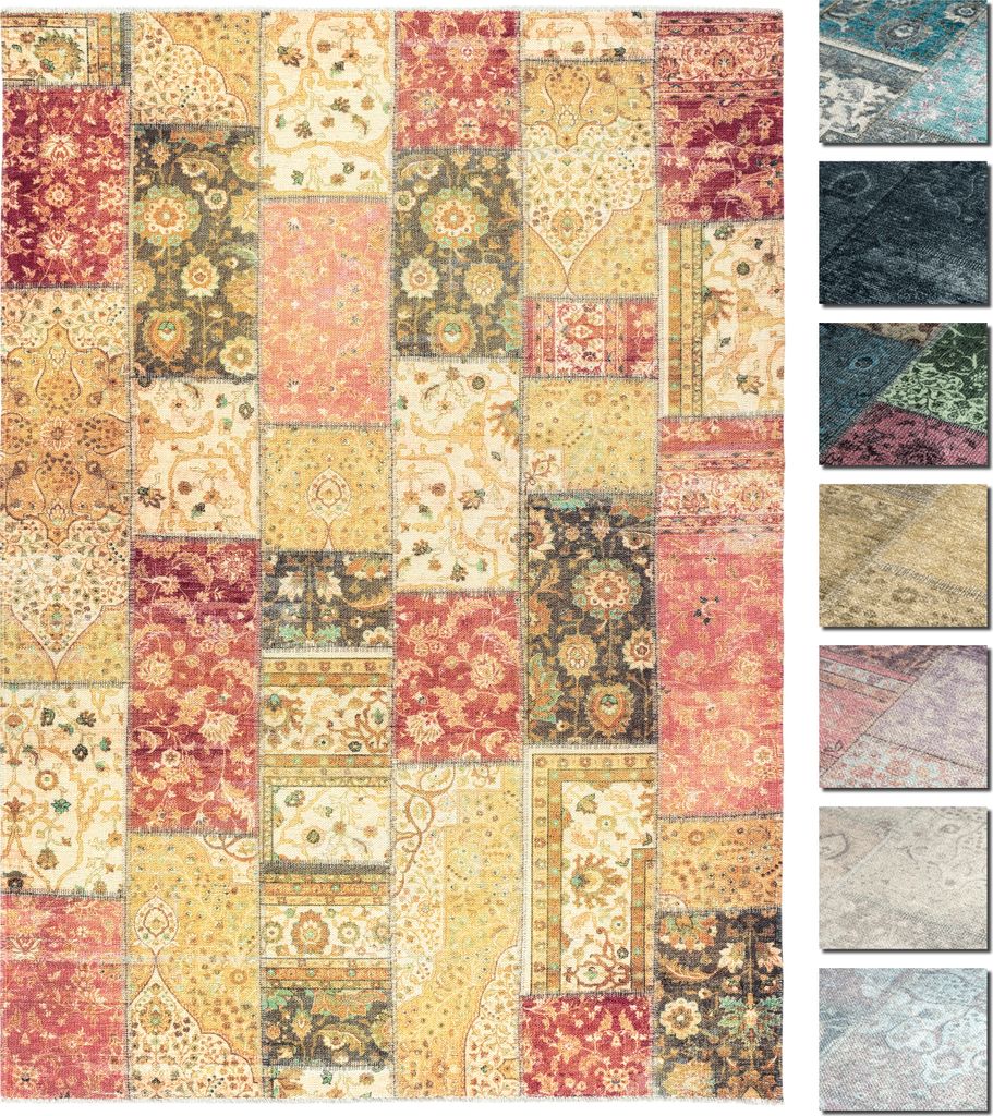 TESSO Living | Patchwork Teppich - Vintage Orientalisch - Kurzflor Wohnzimmer - rot - 120 x 160 cm