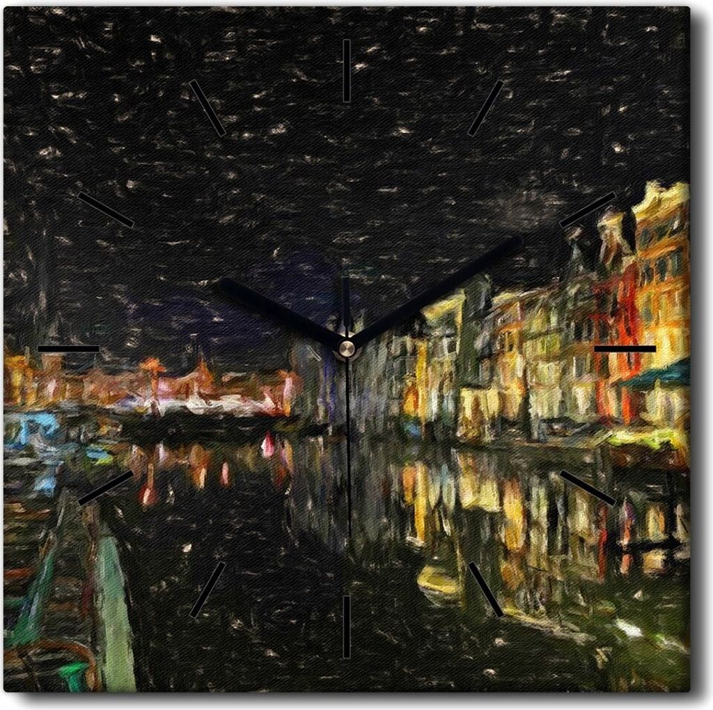 Coloray Uhr auf Leinwand 30x30 cm Wand Uhr Dekoration Wohnzimmer Segeltuch schwarze Hände -City Night Amsterdam.