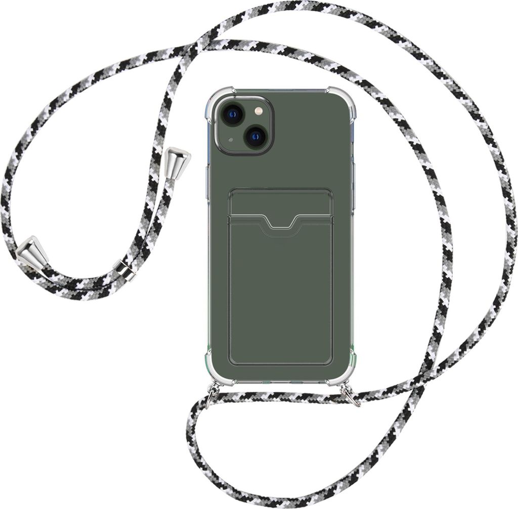 Handykette Backcover-Schutzhülle mit Band (Metall silberfarben) für Apple iPhone 15 Plus - schwarz/grau/weiß