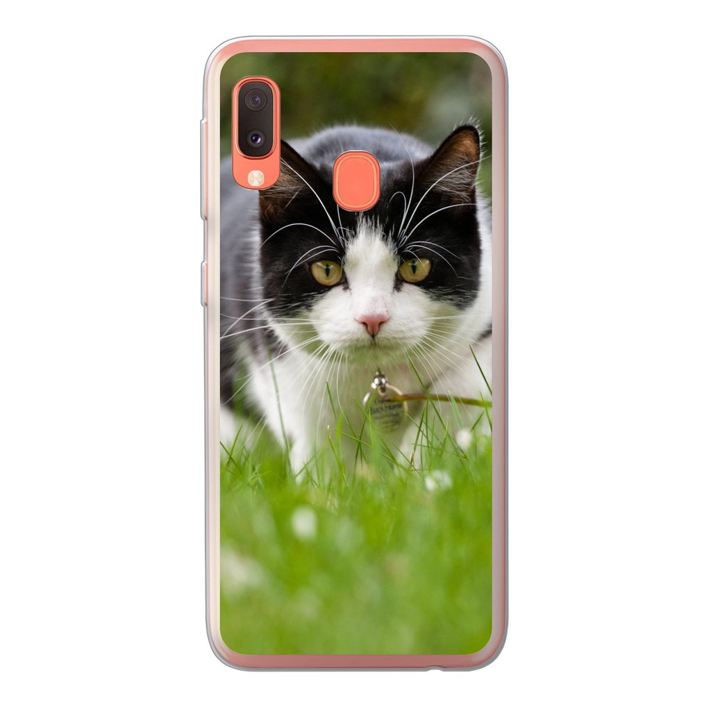 MuchoWow Handyhülle Schutzhülle Hülle für Samsung Galaxy A20e Katze - Gras - Schwarz - Weiß - Mädchen - Kinder - Jungen - Kinder Silikon So...