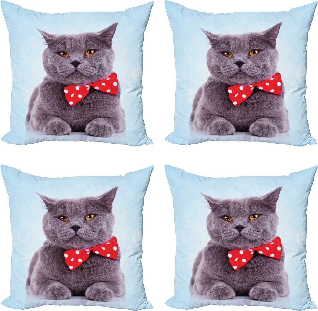 ABAKUHAUS Katze Kissenbezug Set (4 Stück), Grau Scottish Fold Theme, Moderner Doppelseitiger Digitaldruck, 50 cm x 50 cm, Blassblau Purpleblue