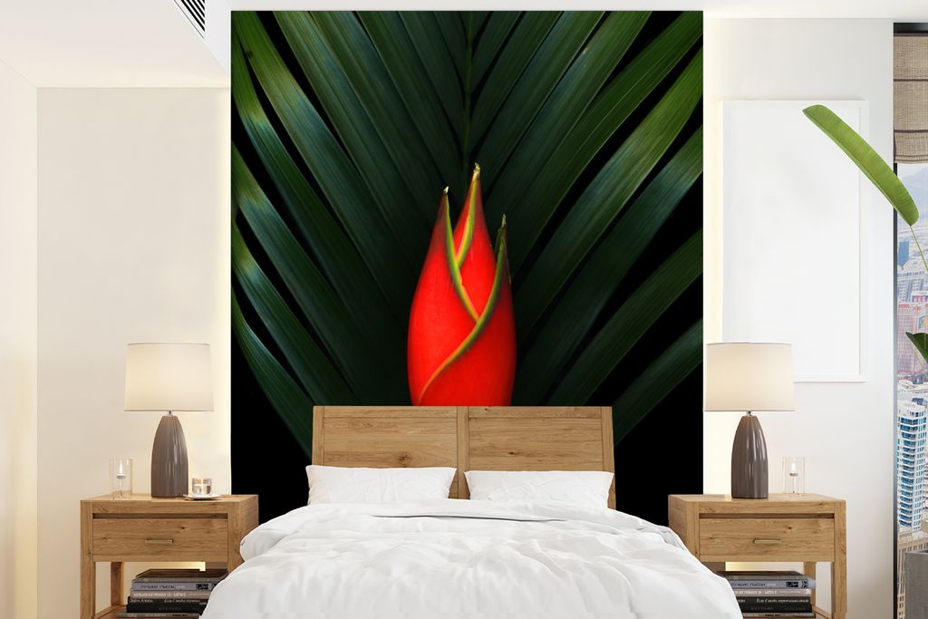 MuchoWow Fototapete für Wohnzimmer oder Schlafzimmer Wandtapete Vinyl Motivtapete Paradiesvogelblume auf schwarzem Hintergrund - 190x260 cm - Pa...
