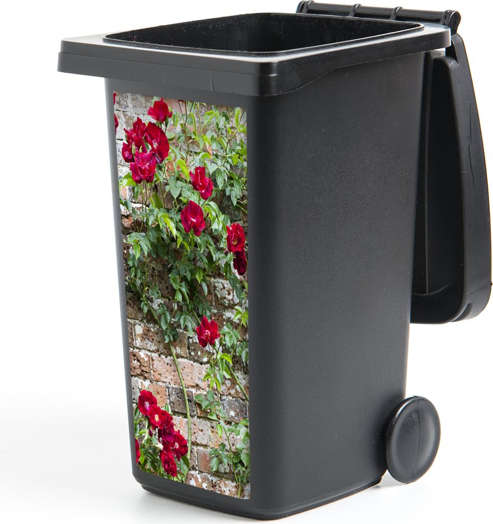 MuchoWow Mülltonnenaufkleber Kletterpflanze mit roten Blüten an einer Steinmauer 44x98 cm - Containeraufkleber - Aufkleber - Mülltonnen-Aufkleber