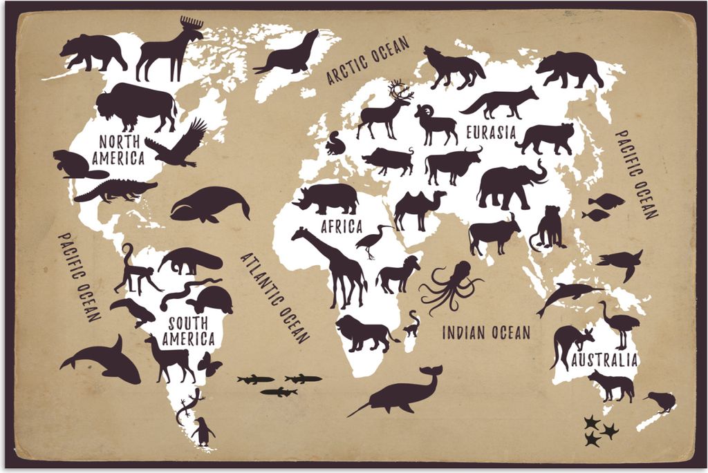 MuchoWow Poster Weltkarte - Tiere - Braun 30x20 cm - Plakate - Print