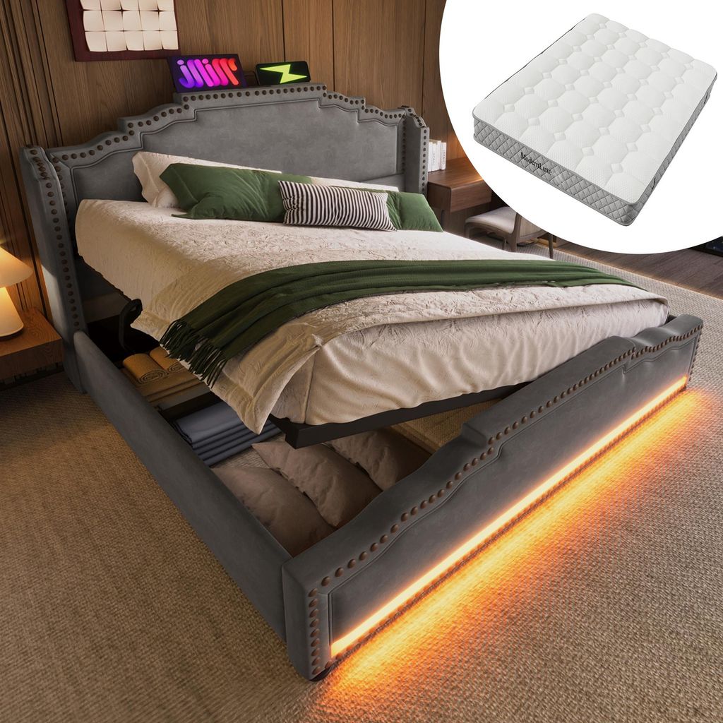 MODFU Doppelbett mit Matratze 140x200 Jugendbett mit Lattenrost und hydraulischem Stauraum,Bettrahmen mit USB-C-Ladeanschluss und LED,Grau