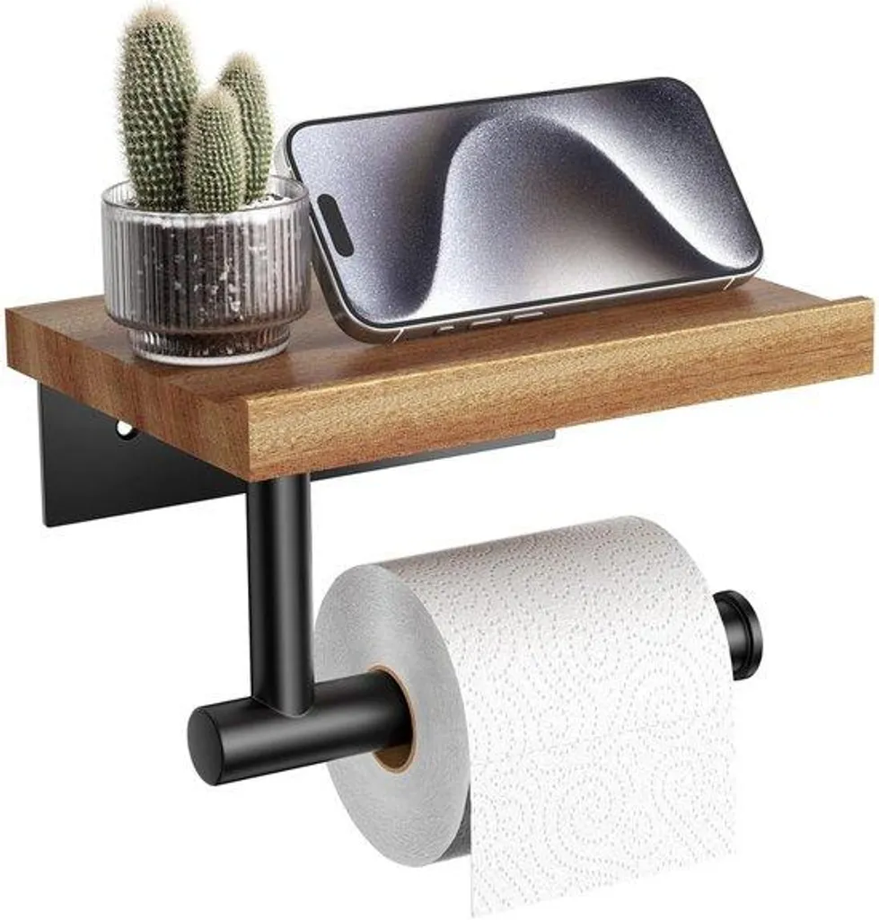 Porte-papier toilette mural anti-rouille en bois sapelli et inox noir