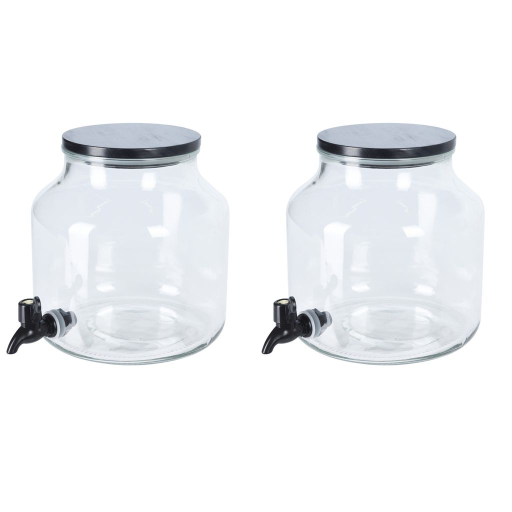 2er Set Getränkespender Glas 5,2 L mit Zapfhahn und Holz Deckel Wasserspender Saftspender Getränke Behälter
