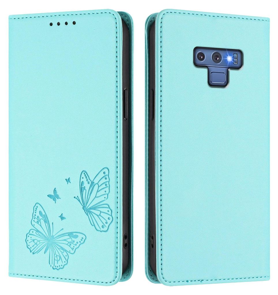 Lederhülle für Samsung Galaxy Note 9, Schmetterling Prägung Leder Brieftasche Schutzhülle mit Ständer Türkis