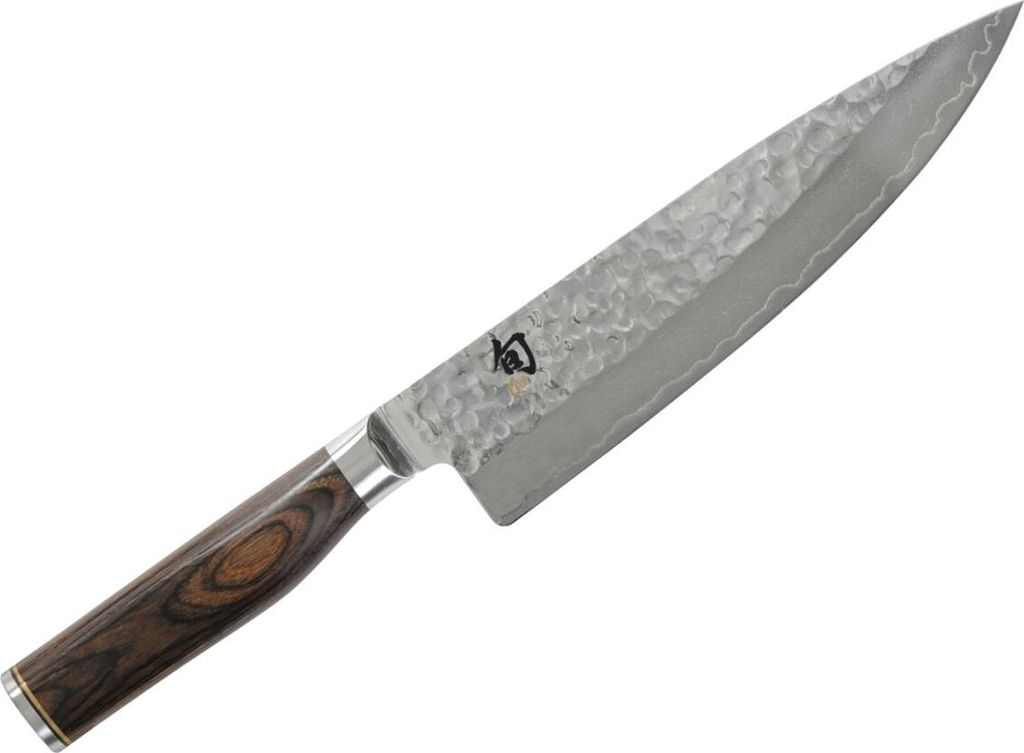 A chef's knife with a textured blade and a wooden handle, isolated on a white background.