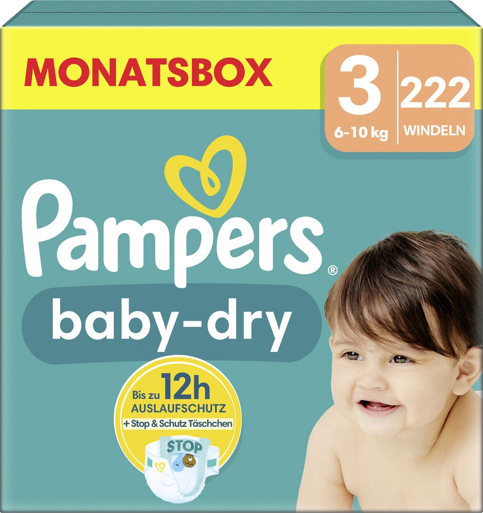 A package of Pampers baby-dry diapers with a baby's face on the right side.