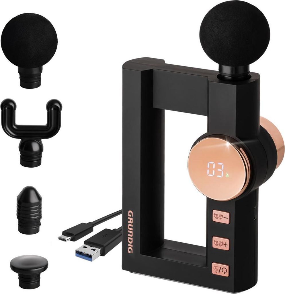 GRUNDIG Massagepistole Massagegerät mit TIEFENWÄRME - kompakte Akku Massage Pistole mit 4 Heizstufen und 32 Massagestufen