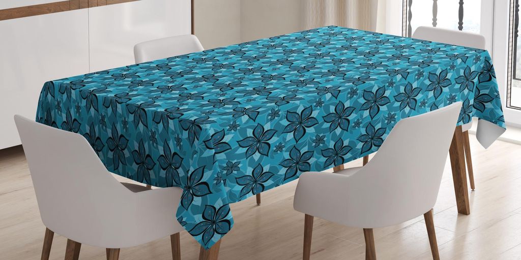 ABAKUHAUS Blume Tischdecke, Abstrakte Sommer-Zusammensetzung mit blauer Ton-Karikatur-botanischen Anordnung, 140 x 240 cm, Petrol Blau und Aqua