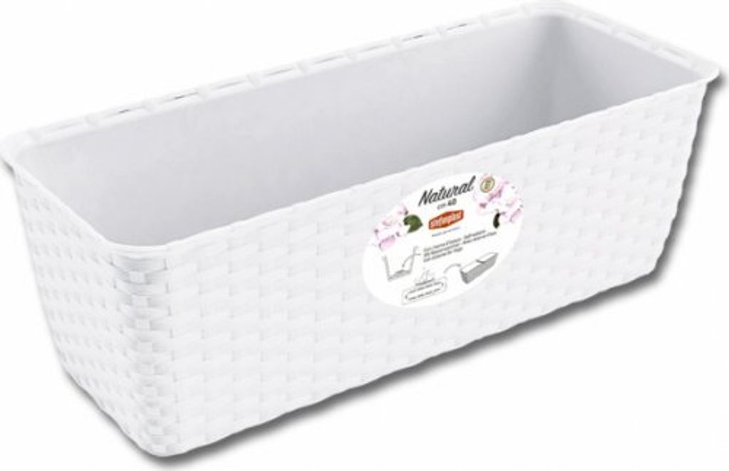 A white plastic planter box with a woven texture, shown from a diagonal angle.