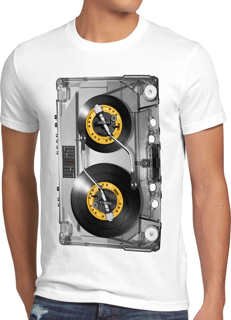 style3 Nonstop Play T-Shirt Herren kassette fotodruck turntable schallplatte, Größe:5XL, Farbe:Weiß