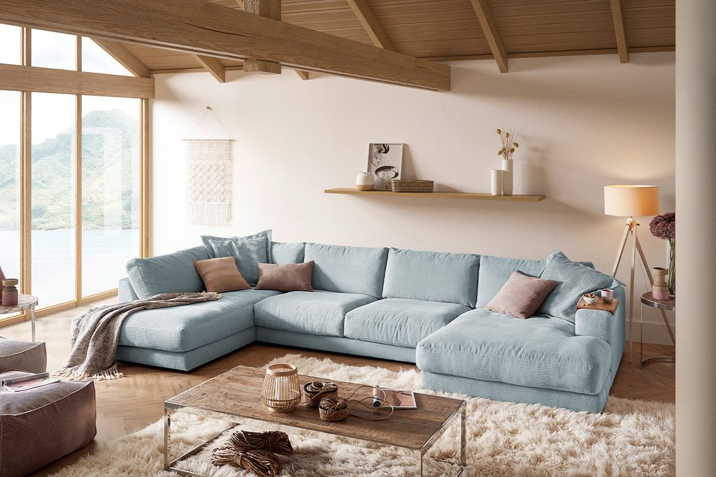 KAWOLA Sofa MADELINE Wohnlandschaft U-Form Cord hellblau Longchair rechts