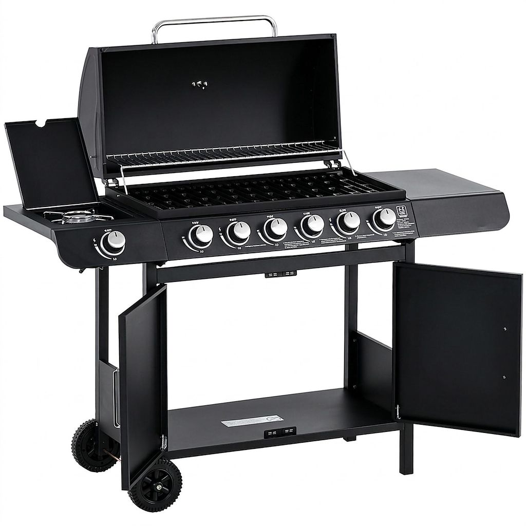 Gasgrill mit 7 Brennern und Seitenbrenner, BBQ-Grill mit Thermometer, Warmhalterost, Hauptkochfläche 73,5 x 36 cm, Edelstahlbrenner, mobiler Grill...