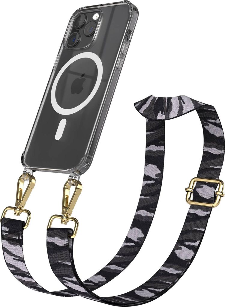 EAZY CASE - Handykette mit MagSafe Hülle für Apple iPhone 15 Pro Max, Handyband Camouflage Style, Karabiner Gold, Umhängeband in Grau