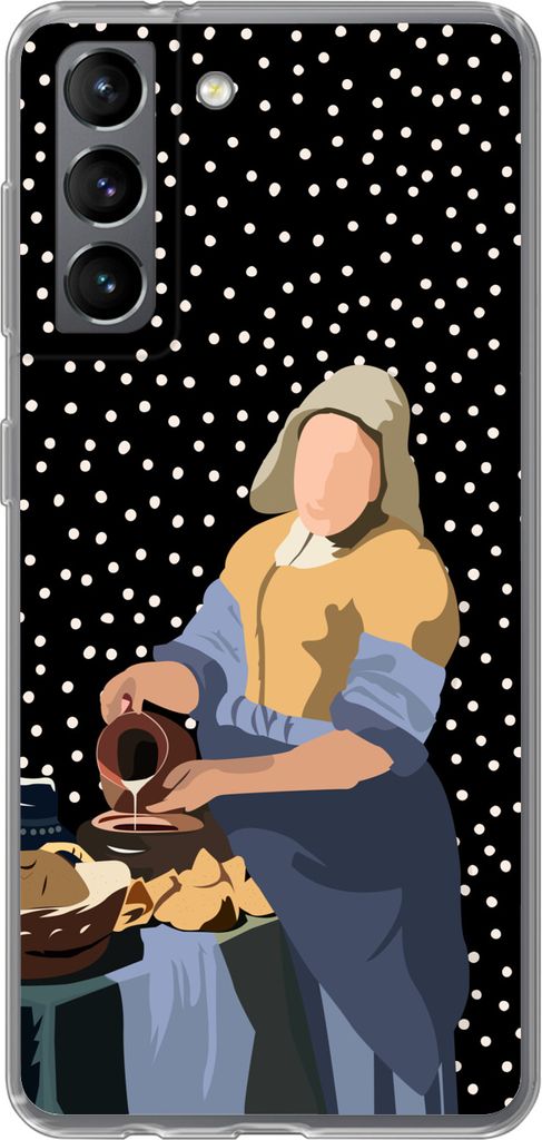 MuchoWow Handyhülle Schutzhülle Hülle für Telefoonhoesje Samsung Galaxy S21 Alte Meister - Milchmädchen - Polka dots - Schwarz Silikon Softc...