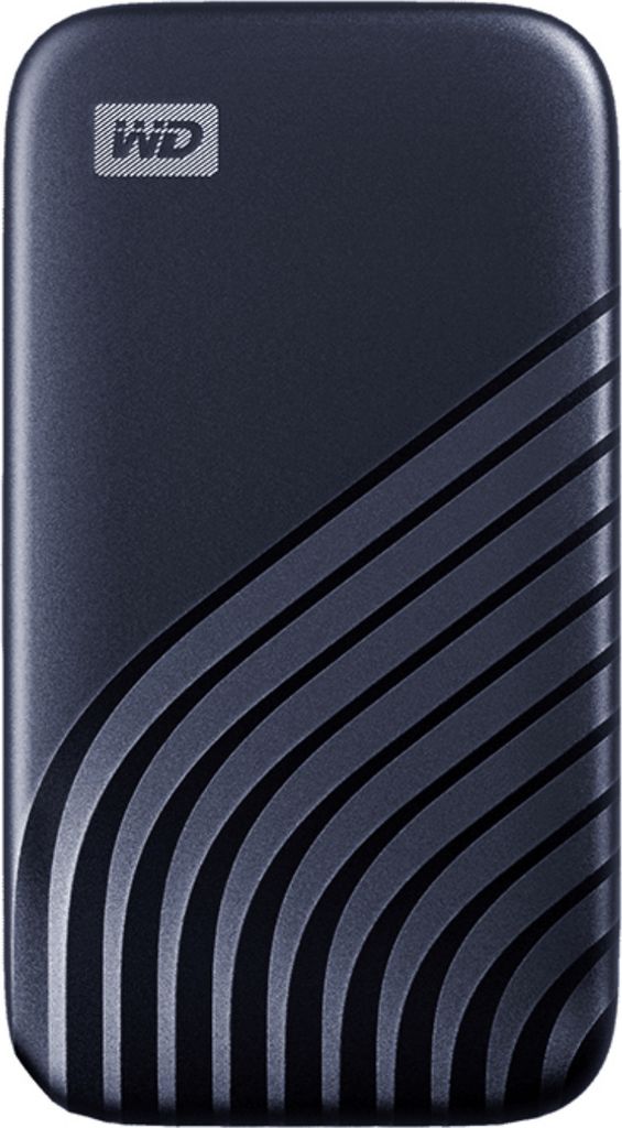 A dark blue external hard drive with a textured pattern.