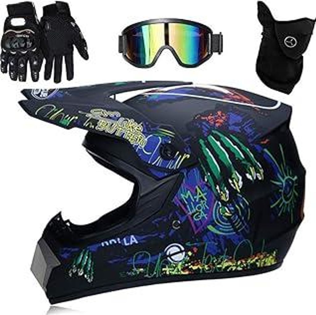 Helm Professioneller Motocross Helm Kinder Erwachsene Motocross Dirt Bike Offroad Motorradhelm mit Schutzbrille Handschuhe Gesichtsbedeckung