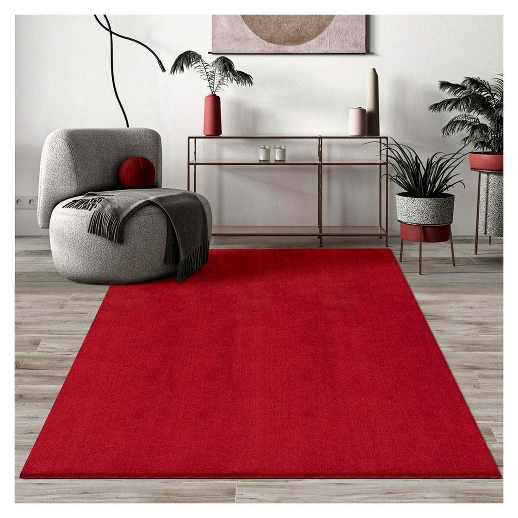 Moderner Flauschiger Kurzflor Teppich mit Anti-Rutsch Unterseite, Waschbar bis 30 Grad, Rot, 80 x 150 cm