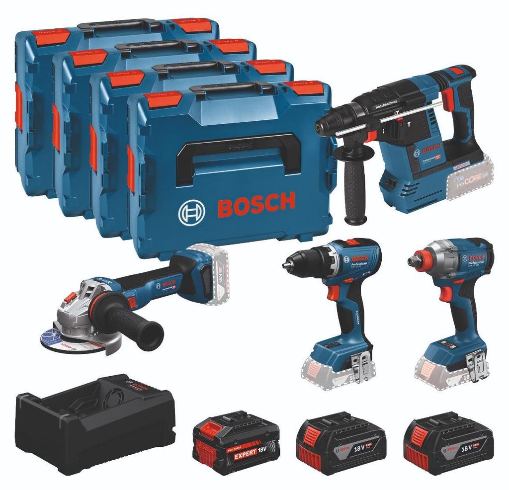 Bosch Professional Bosch Combo Kit 18V Werkzeug-Set: GSR 18V-65 + GDX 18V-285 + GBH 18V-26 + GWS 18V-11