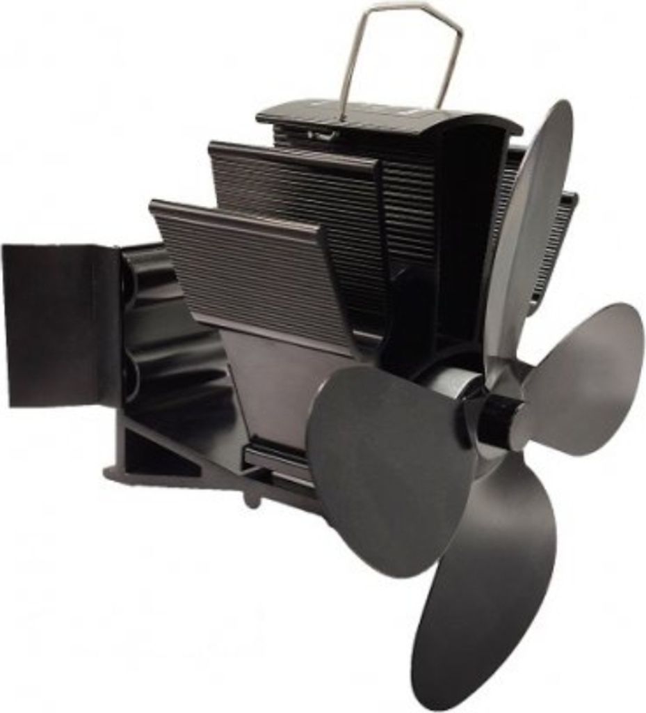 A black stove fan with three blades is shown against a white background.