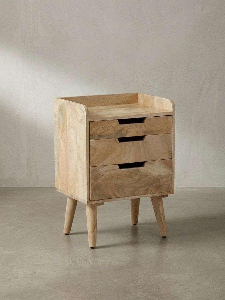 Nachttisch Mango Massivholz Hellbraun 45x33x63 cm Nachtschrank Boxspringbett, Design Nachtkonsole mit 3 Schubladen & Ablagefläche, Nachtkommode St...