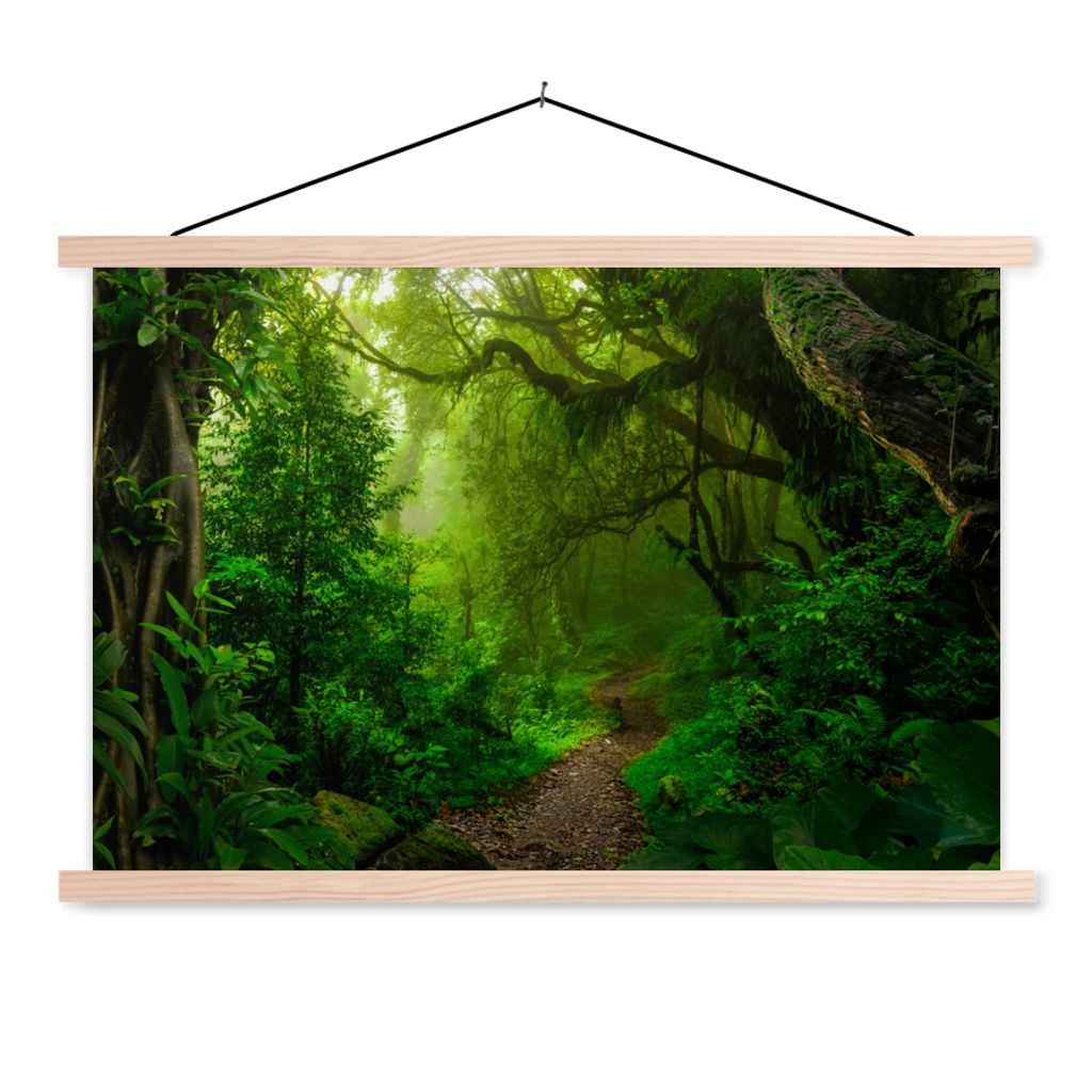 MuchoWow Textilposter Landschaft - Dschungel - Tropisch - Sonne - Grün 120x80 cm mit holzfarbenen Rahmen - Aufhängeset